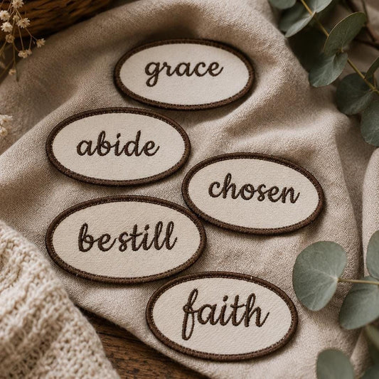 Christian Iron On Patch Collection Embroidered Faith Words Grace Abide Chosen Be Still Faith Options Inspirational Word Badge Set Bible Journal Accessory Jacket Backpack Customization Supplies Sew On Application Religious Clothing