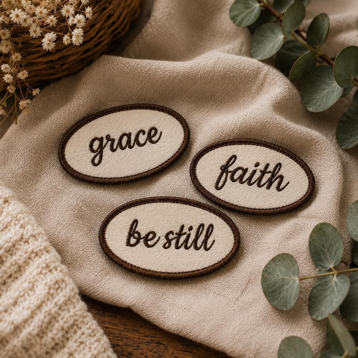 Inspirational Word Badge Collection Christian Embroidered Patch Set Iron On Sew On Application Faith Words Grace Abide Chosen Be Still Options Bible Journal Accessory Supplies Religious Clothing Embellishment Jacket Backpack Customization
