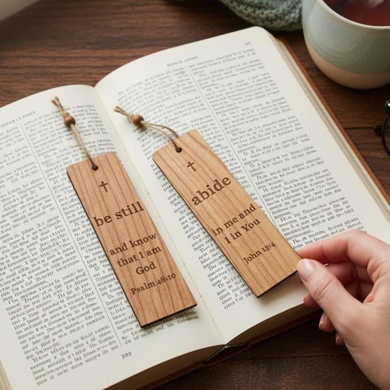 Bible Study Gift Set Christian Women Ministry Present Faith Devotional Companions Bundle Wooden Scripture Bookmark John 15:4 Verse Iron On Patch Embroidered Abide Design Pocket Cross Keepsake Prayer Group Encouragement Collection Baptism