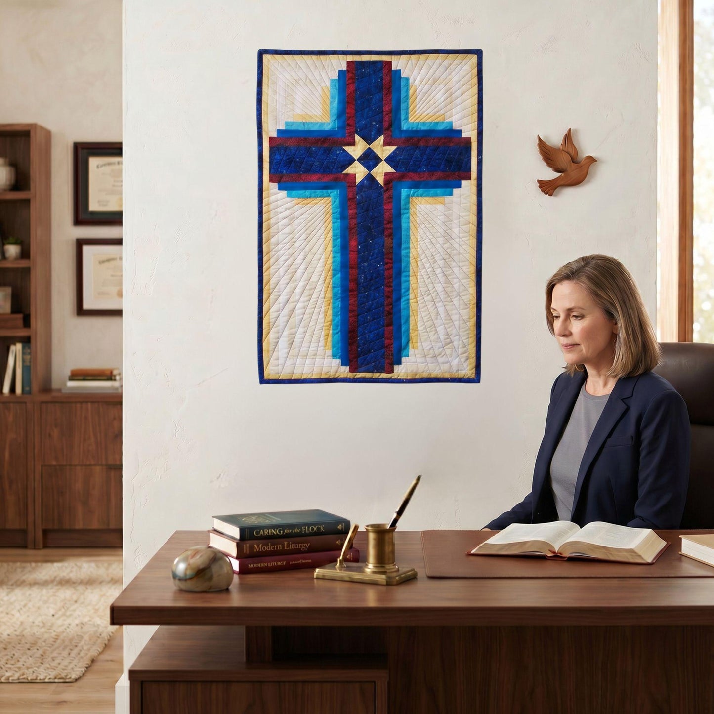 Christian Wall Art Quilted Cross Design Handmade Religious Gift Prayer Room Faith Piece Heirloom Quality Textile Art Hand Stitched Craftsmanship Church Sanctuary Display Pastor Appreciation Present Baptism Confirmation Gift Spiritual Home