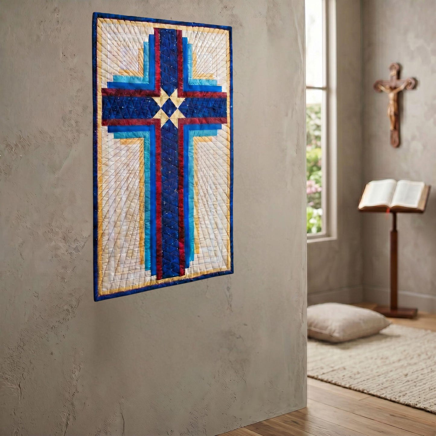 Quilted Cross Design Christian Wall Hanging Handmade Faith Based Art Piece Geometric Sunburst Pattern Prayer Room Display Spiritual Home Focal Point Hand Stitched Religious Textile Heirloom Quality Craftsmanship Pastor Appreciation Gift