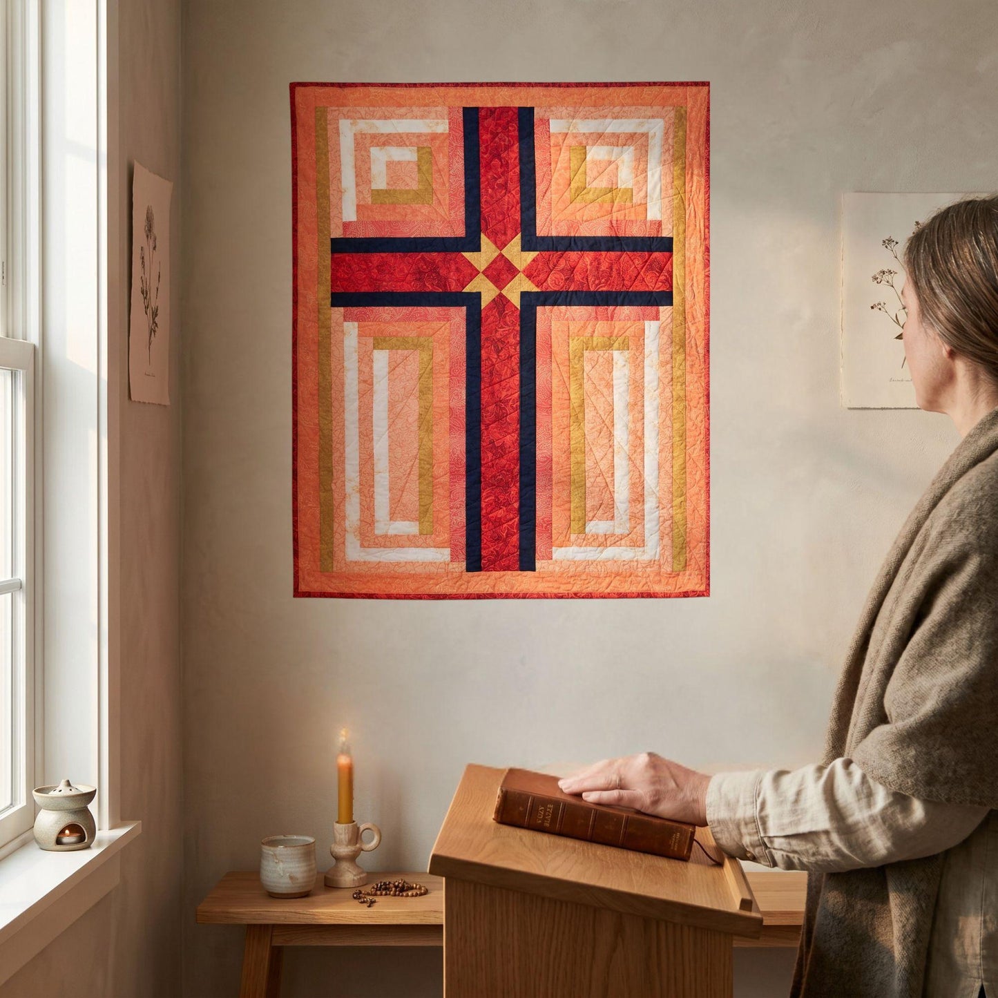 Christian Wall Art – Handmade Quilted Cross Prayer Room Faith Piece - Heavenly Treasures