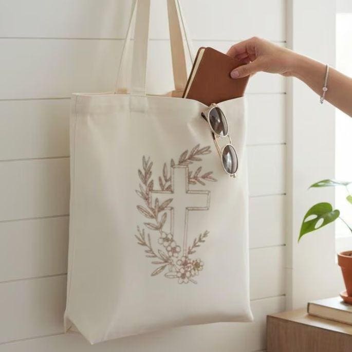 Religious Gift Bag Christian Canvas Tote Embroidered Cross Olive Branch Design Bible Carrier Church Service Essential Scripture Study Bag Prayer Group Holder Devotional Material Carrier Faith Accessory Women Natural Cream Canvas Durable