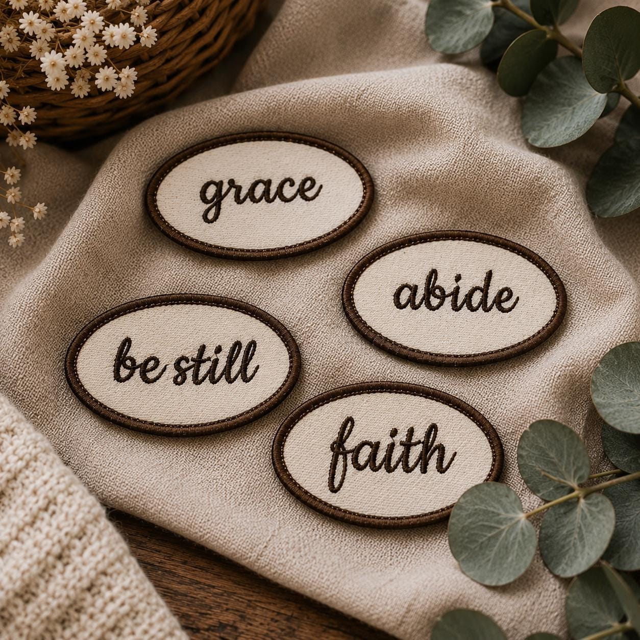 Faith Patch Collection Christian Iron On Embroidered Words Grace Abide Chosen Be Still Faith Options Inspirational Badge Set Bible Journal Accessory Supplies Sew On Application Religious Clothing Embellishment Jacket Backpack Bag