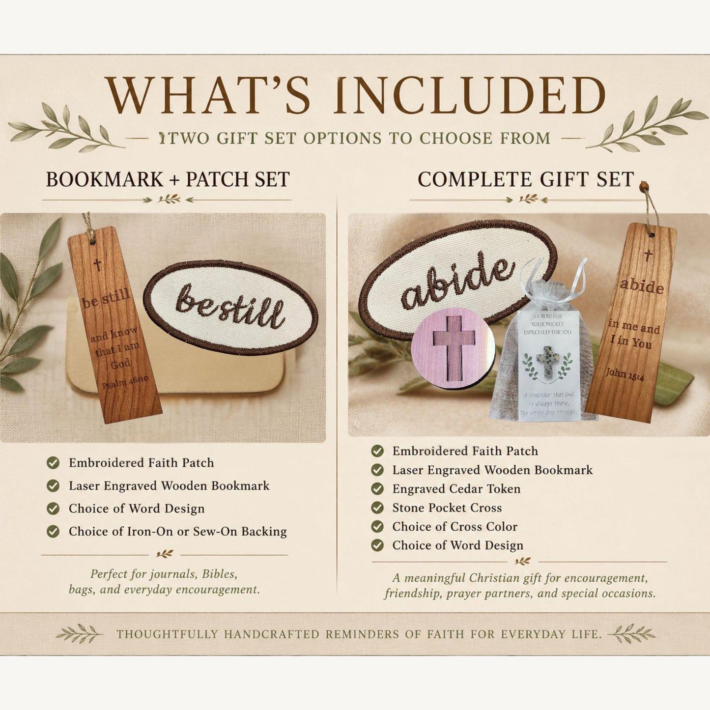 Baptism Gift Set Christian Confirmation Present Faith Milestone Celebration Bundle Women Spiritual Encouragement Collection Iron On Patch Embroidered Design Wooden Scripture Bookmark John 15:4 Verse Reference Pocket Cross Keepsake Prayer