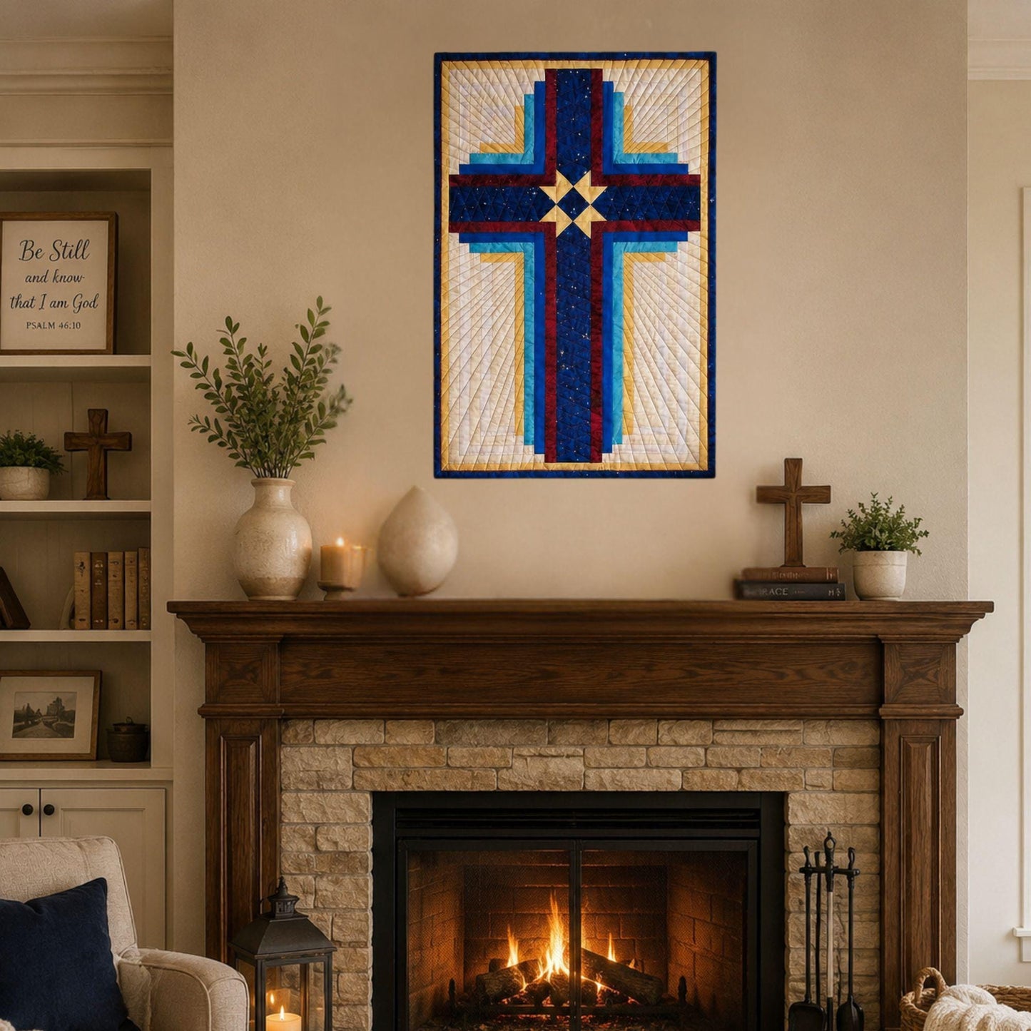 Handmade Quilted Christian Wall Art Cross Design Textile Piece Prayer Room Display Faith Based Home Accent Hand Stitched Heirloom Quality Religious Wall Hanging Pastor Appreciation Gift Baptism Confirmation Present Church Sanctuary Art