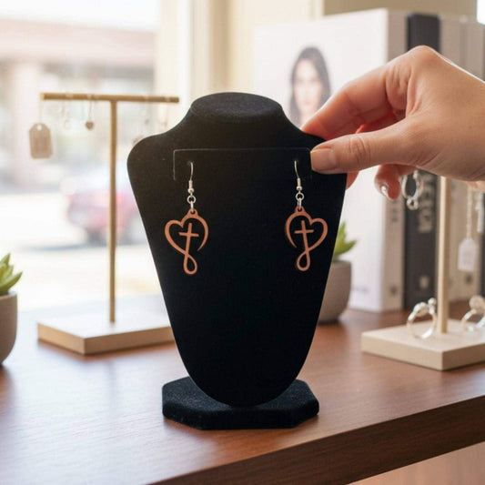 Handmade Wooden Cross Earrings Christian Faith Jewelry Laser Cut Maple Wood Heart Design Sterling Silver Hooks Lightweight Dangle Earrings Texas Studio Crafted Natural Wood Grain Inspirational Faith Accessory Everyday Wear Christian Gift