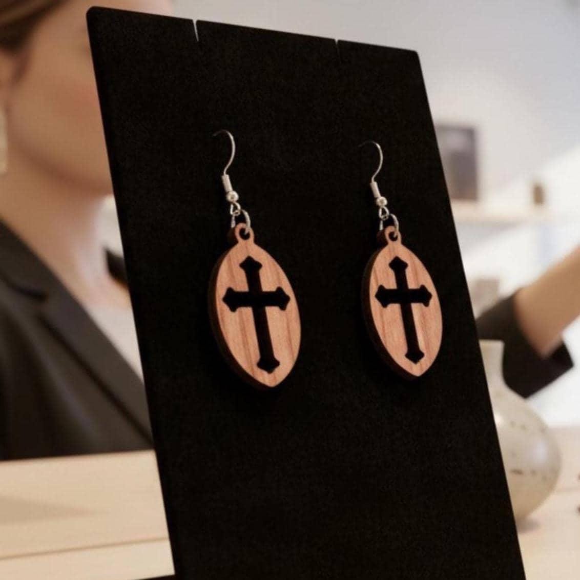 Natural Wood Cross Earrings Heart Design Christian Jewelry Handmade Maple Wood Dangle Earrings Laser Cut Faith Accessory Sterling Silver Hooks Lightweight Spiritual Jewelry Beautiful Wood Grain Pattern Inspirational Christian Gift Women