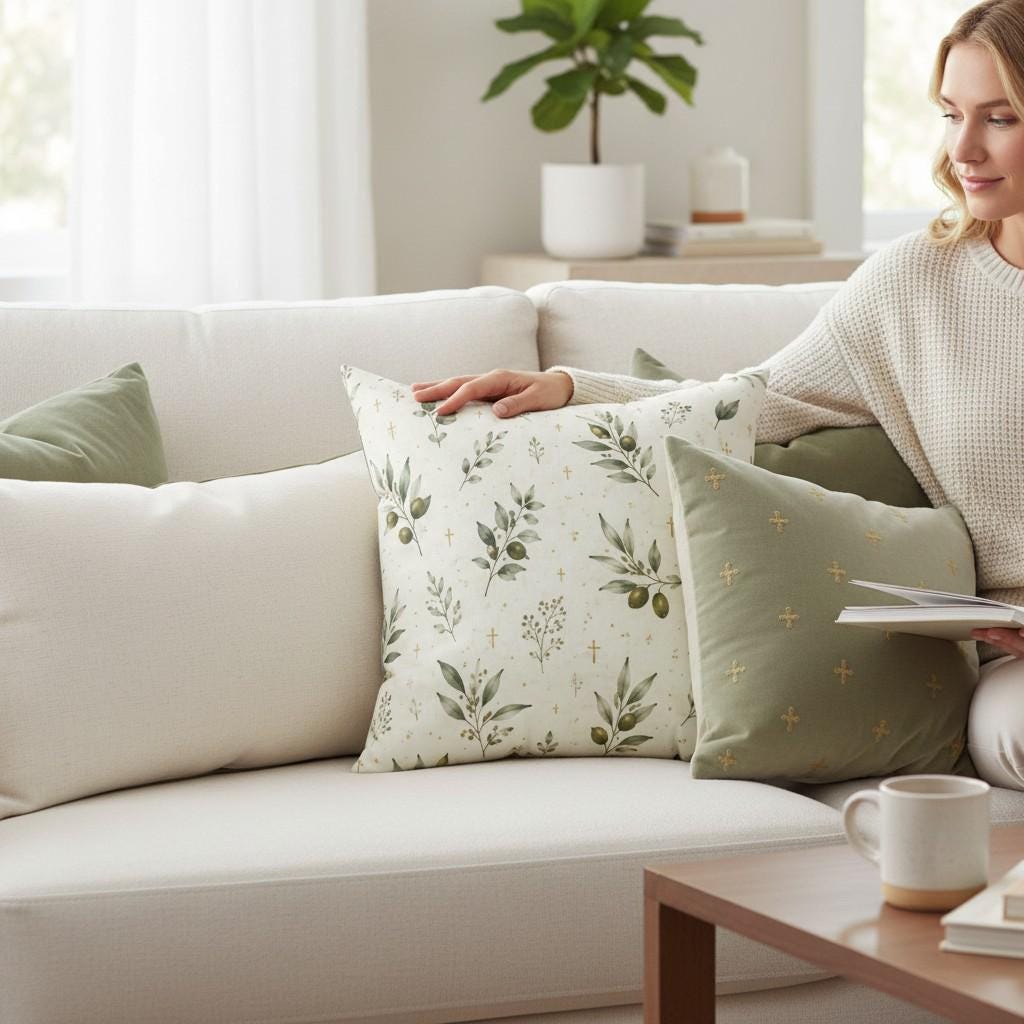 Faith Inspired Throw Pillow Sage Olive Branch Botanical Pattern Christian Farmhouse Living Room Decor Watercolor Greenery Design Neutral Cottage Style Cushion Cover Cream Background Sofa Bedroom Decorative Pillow Scripture Symbolism Peace