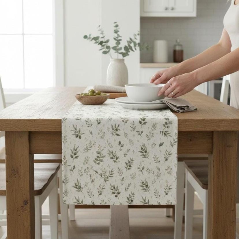 Christian Table Runner Farmhouse Dining Watercolor Olive Branch Design Faith Inspired Kitchen Linens Biblical Symbolism Peace Hope Promises Premium Fabric Construction Easy Care Textile Elegant Drape Holiday Gathering Centerpiece Bible
