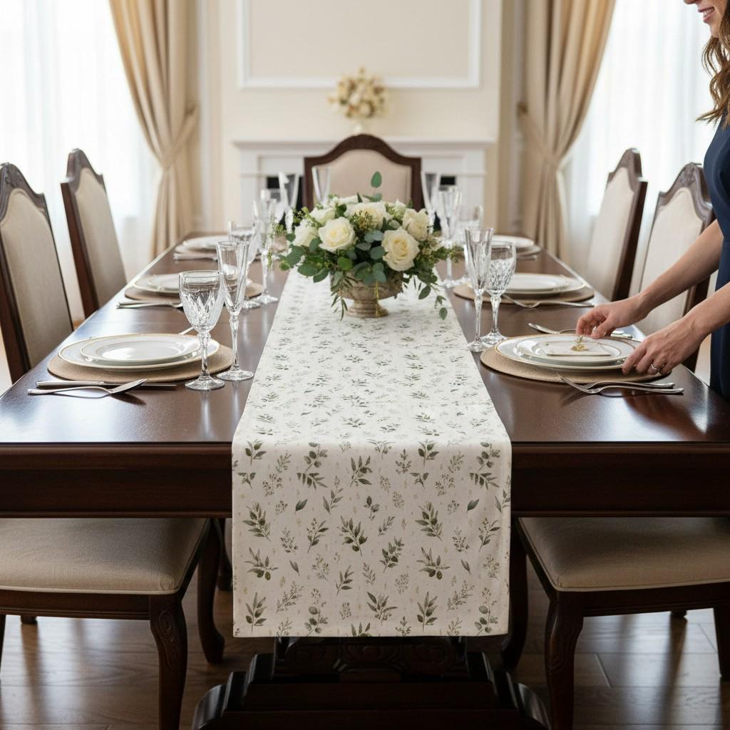 Watercolor Olive Branch Table Runner Christian Kitchen Linens Farmhouse Dining Decoration Premium Fabric Textile Faith Inspired Home Accent Biblical Peace Hope Symbolism Easy Care Construction Elegant Table Drape Nature Inspired Botanical