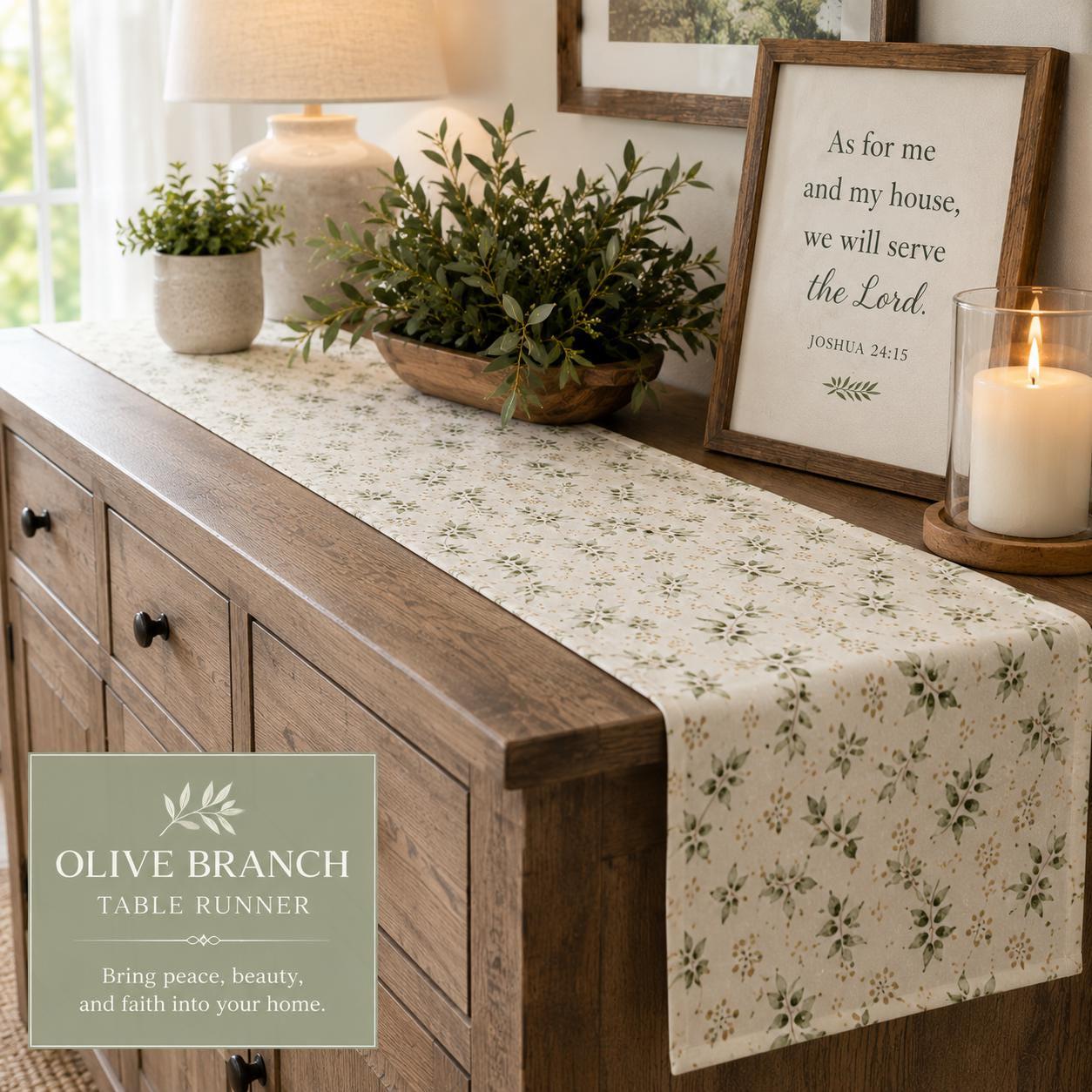 Christian Table Runner – Watercolor Olive Branch Farmhouse Dining - Heavenly Treasures