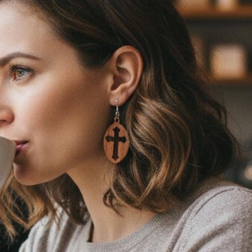 Wooden Cross Earrings – Handmade Lightweight Christian Faith Jewelry