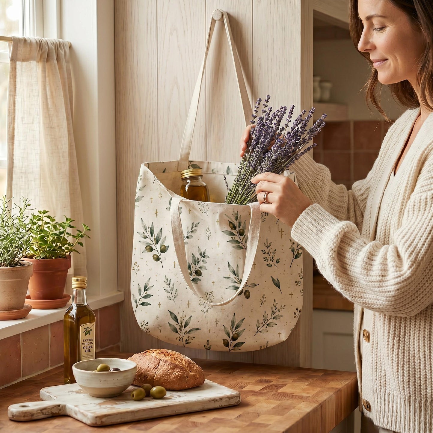 Bible Study Tote Bag Christian Canvas Carryall Olive Branch Design Faith Gift Women Church Service Bag Botanical Print Style Gold Cross Symbols Spacious Interior Bag Reusable Shopping Tote Daily Essentials Carrier Worship Group Gift