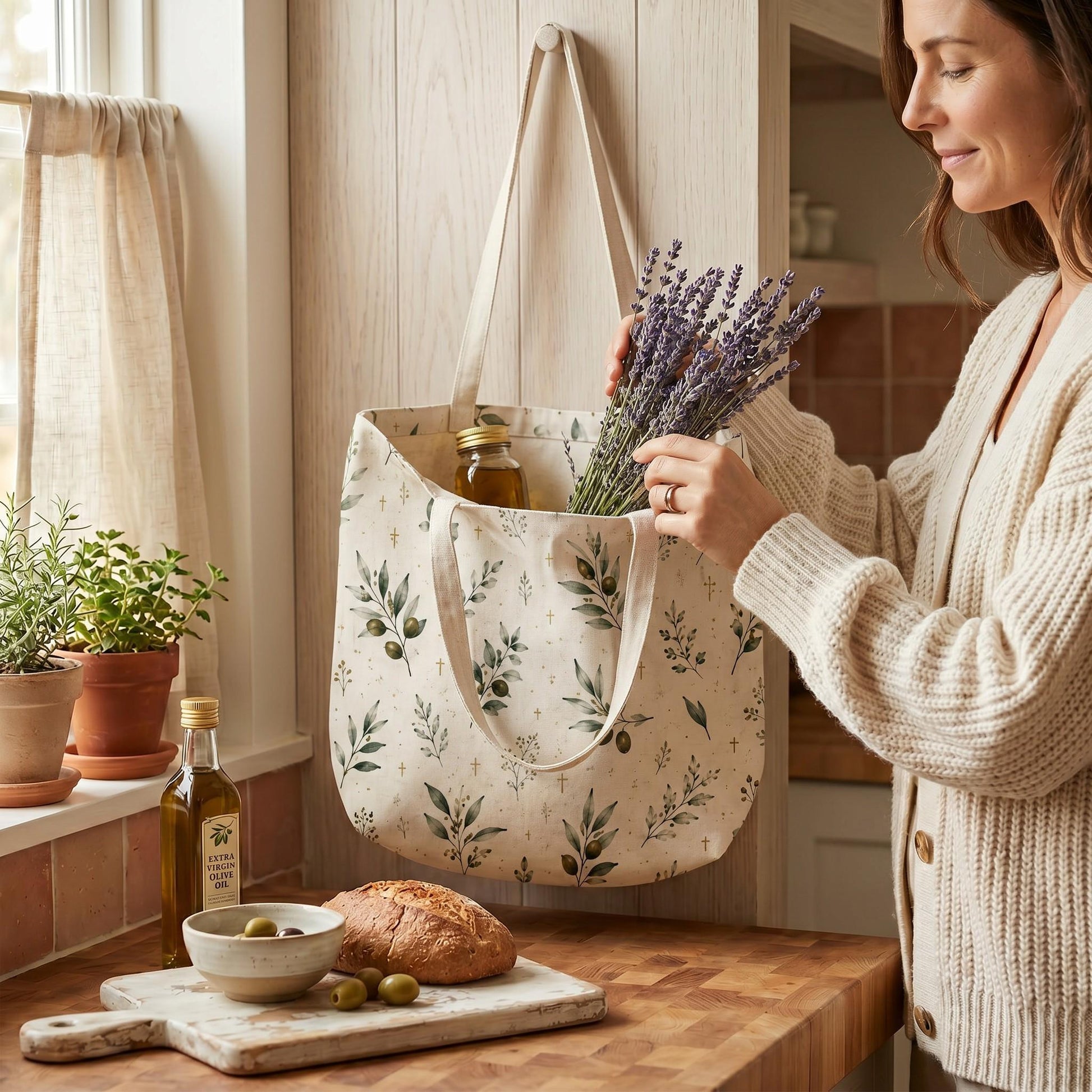 Bible Study Tote Bag Christian Canvas Carryall Olive Branch Design Faith Gift Women Church Service Bag Botanical Print Style Gold Cross Symbols Spacious Interior Bag Reusable Shopping Tote Daily Essentials Carrier Worship Group Gift
