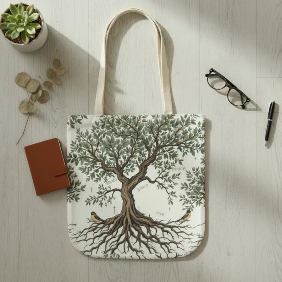 Everyday Carry All Tote Bag Tree Of Life Design Canvas Construction Durable Reusable Shopping Bag Comfortable Shoulder Straps Spacious Interior Storage Perfect Church Bag Bible Study Companion Spiritual Growth Symbol Nature Inspired