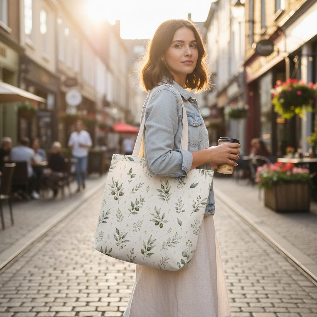 Canvas Tote Bag Christian Theme Olive Branch Botanical Design Religious Gift Women Church Bag Bible Carrier Gold Cross Symbols Natural Beige Background Reusable Shopping Tote Spacious Interior Bag Faith Accessory Elegant Botanical Artwork