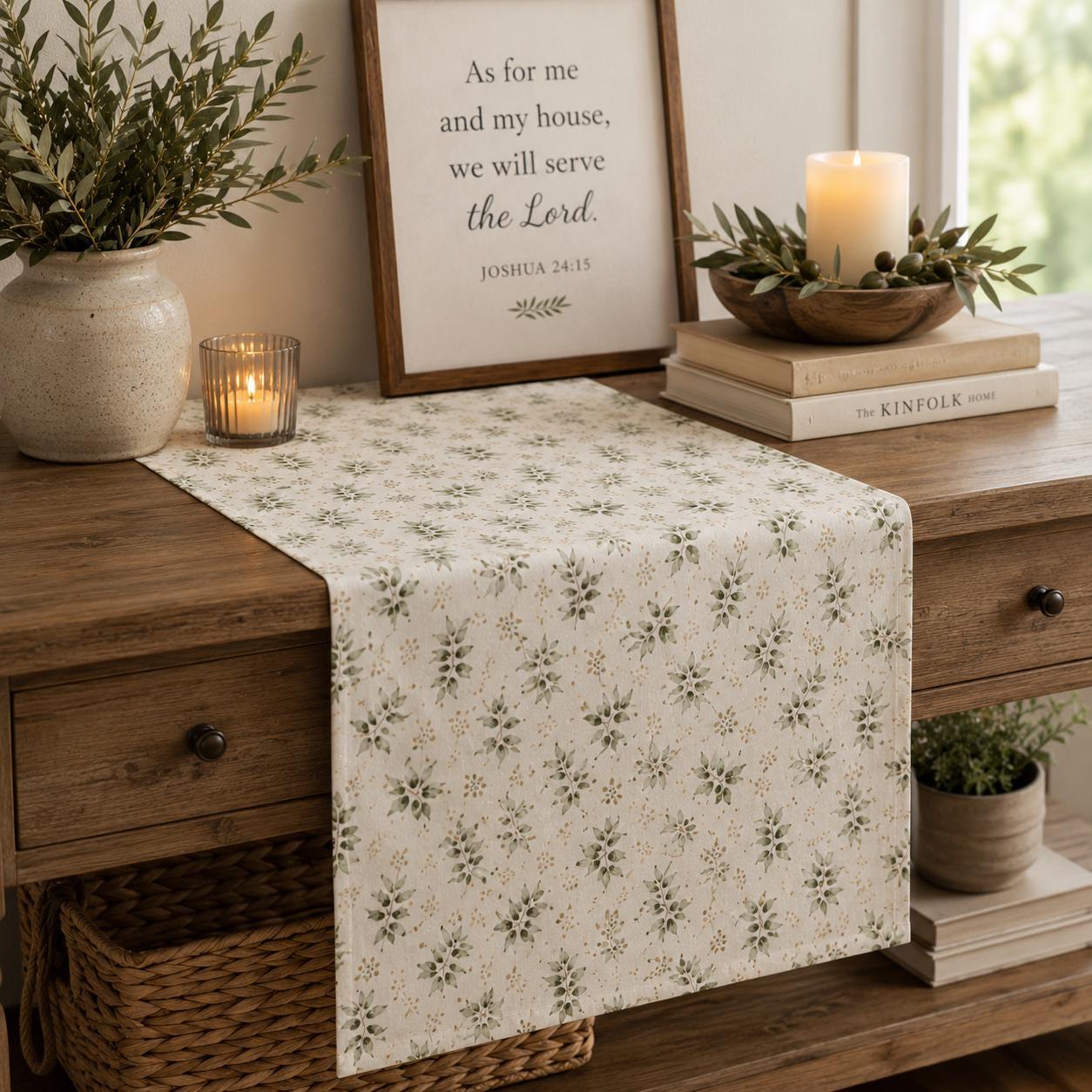 Christian Table Runner – Watercolor Olive Branch Farmhouse Dining - Heavenly Treasures