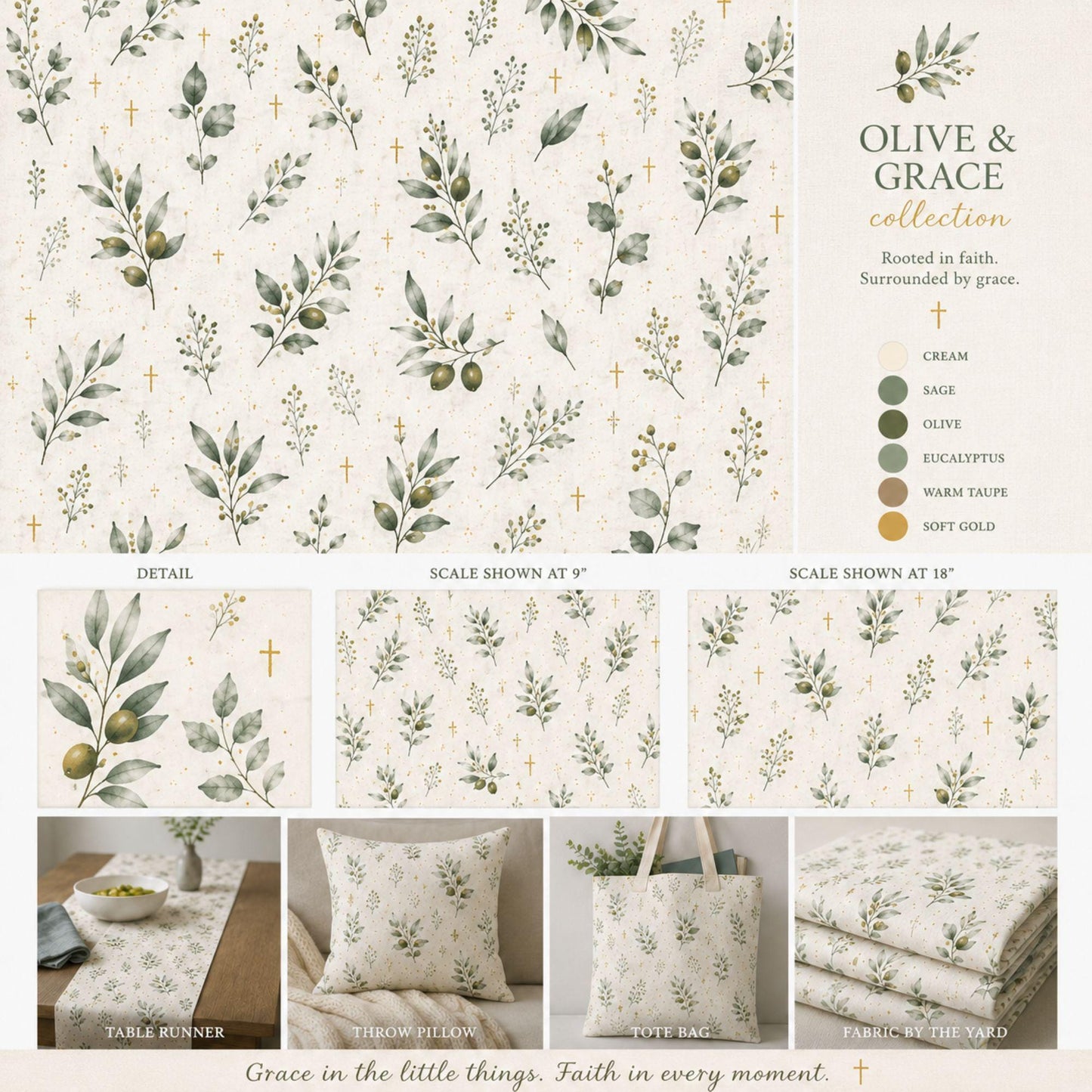 Christian Table Runner – Watercolor Olive Branch Farmhouse Dining - Heavenly Treasures
