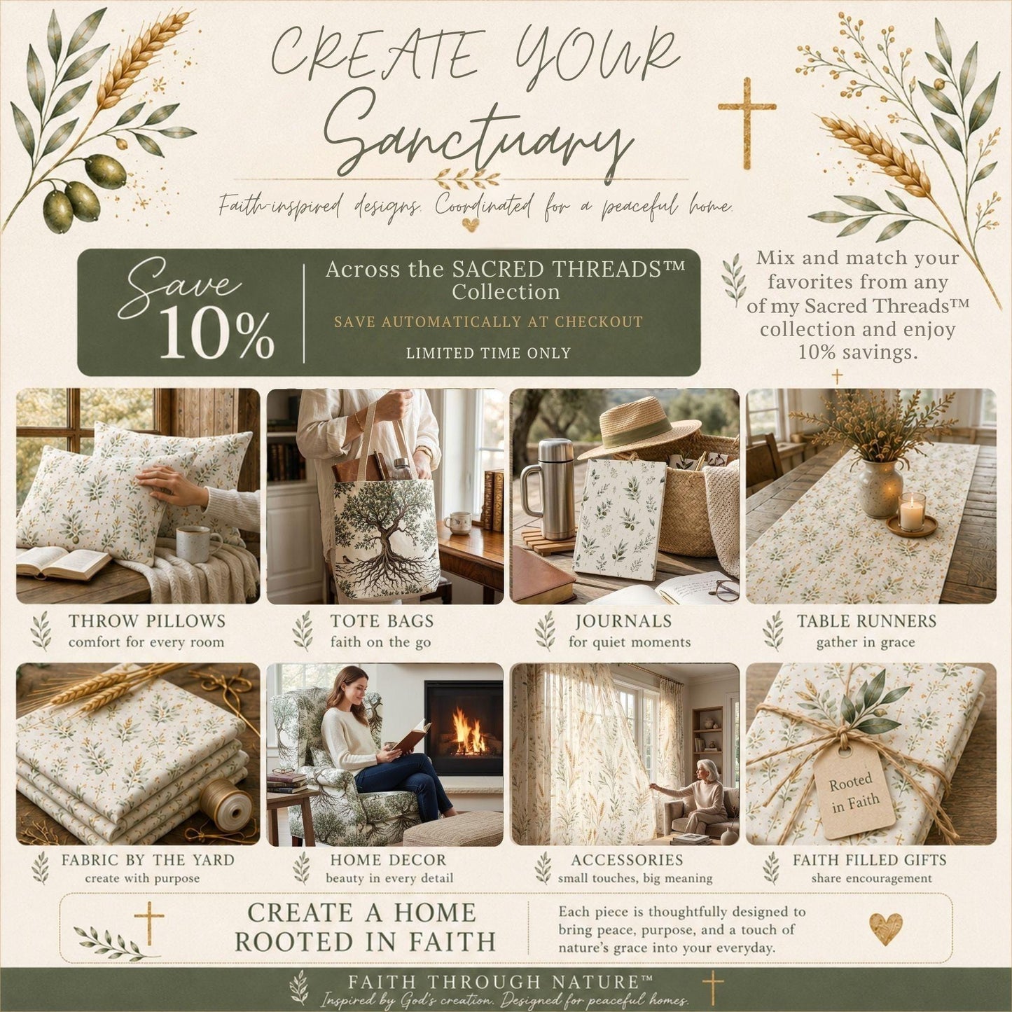 Farmhouse Fabric Yard – Olive Branch Botanical Print on Premium Cotton - Heavenly Treasures