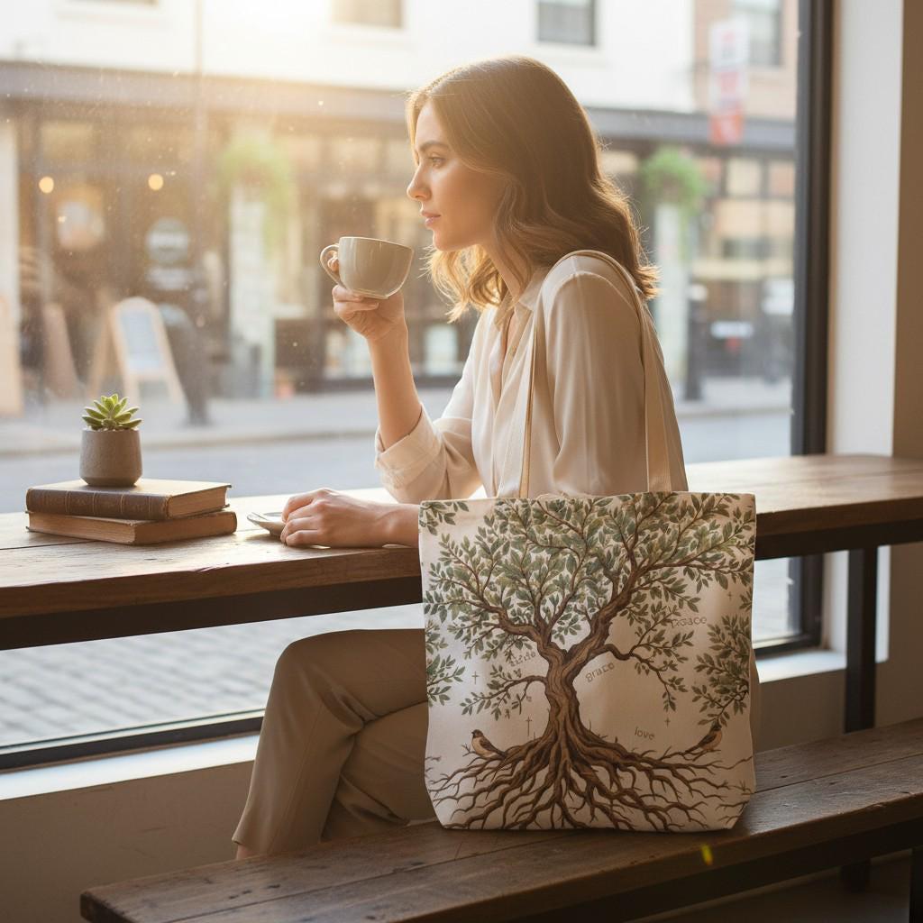 Reusable Canvas Shopping Bag Tree Of Life Design Nature Inspired Tote Bag Durable Construction Comfortable Shoulder Straps Spacious Interior Perfect Church Bag Bible Study Carry All Spiritual Growth Symbol Rooted In Belief Design Daily