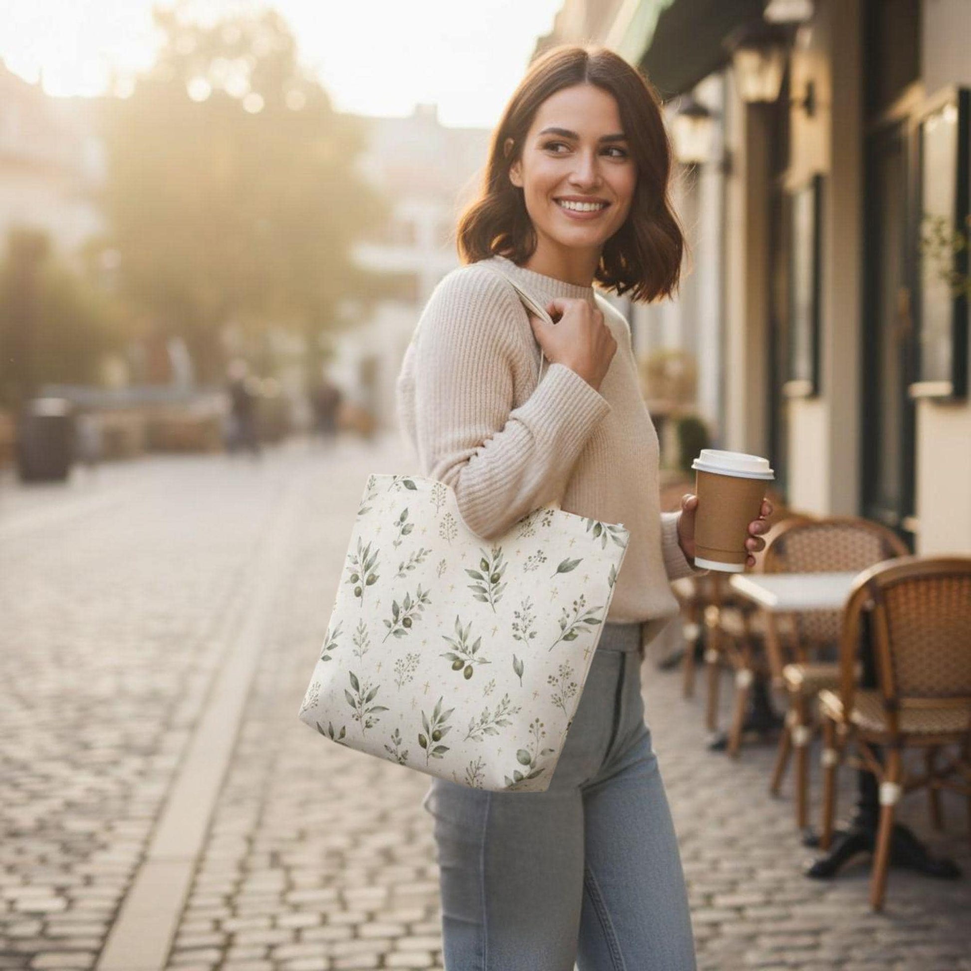 Faith Inspired Canvas Bag Olive Branch Botanical Tote Christian Gift Women Everyday Carry Bag Church Service Essential Bible Study Carryall Reusable Shopping Bag Natural Beige Design Gold Cross Accent Spacious Interior Tote Inspirational