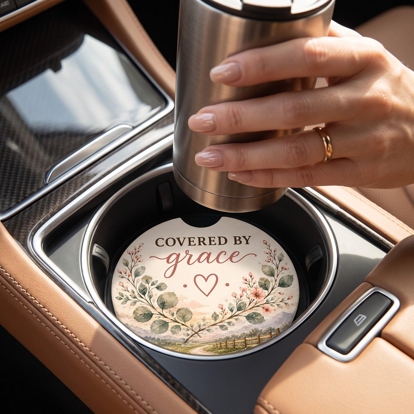 Ceramic Cup Holder Set Christian Car Coaster Gift Faith Based Vehicle Accessory Watercolor Design Pattern Jesus Inspirational Message Religious Driving Companion Absorbent Cork Base Daily Commute Faith Reminder Spiritual Journey Gift