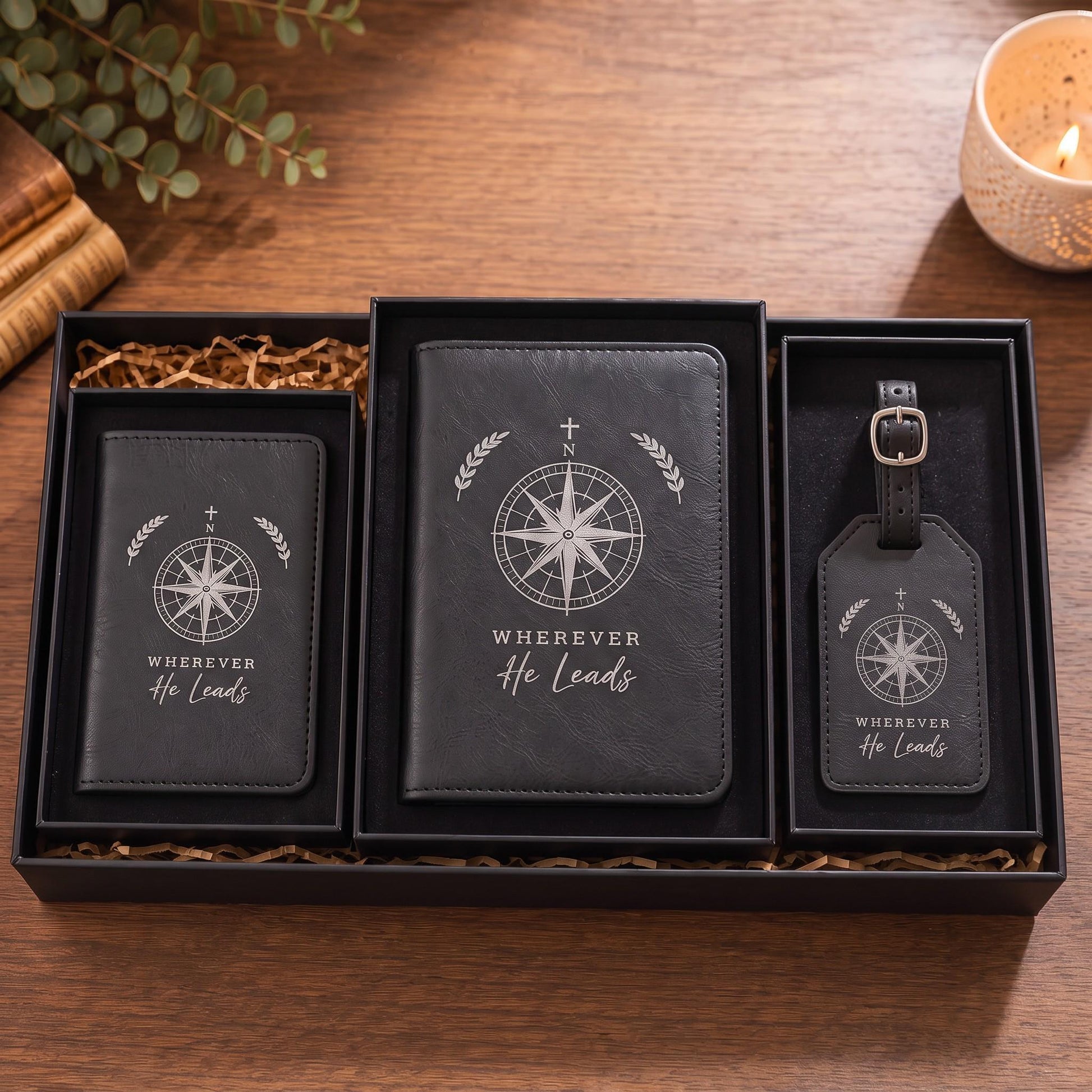 Christian Travel Gift Set Engraved Journal Passport Holder Luggage Tag Faith Inspired Scripture Design Laser Engraved Leatherette Compass Cross Botanical Pattern Wherever He Leads Message Missionary Gift Travel Accessories Devotional