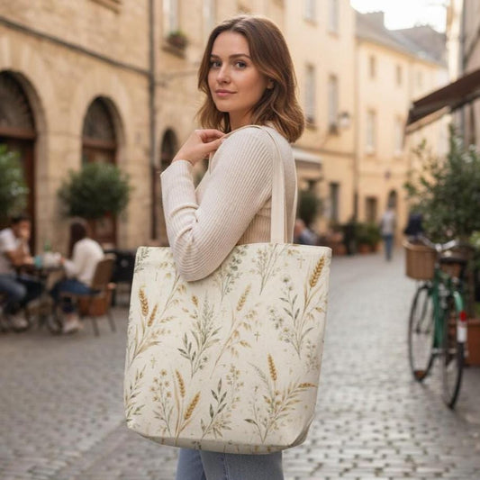 Canvas Tote Bag Wheat Harvest Design Botanical Print Pattern Natural Cream Background Wildflower Accents Green Foliage Details Durable Construction Everyday Carry Bag Church Service Accessory Market Shopping Tote Reusable Grocery Bag