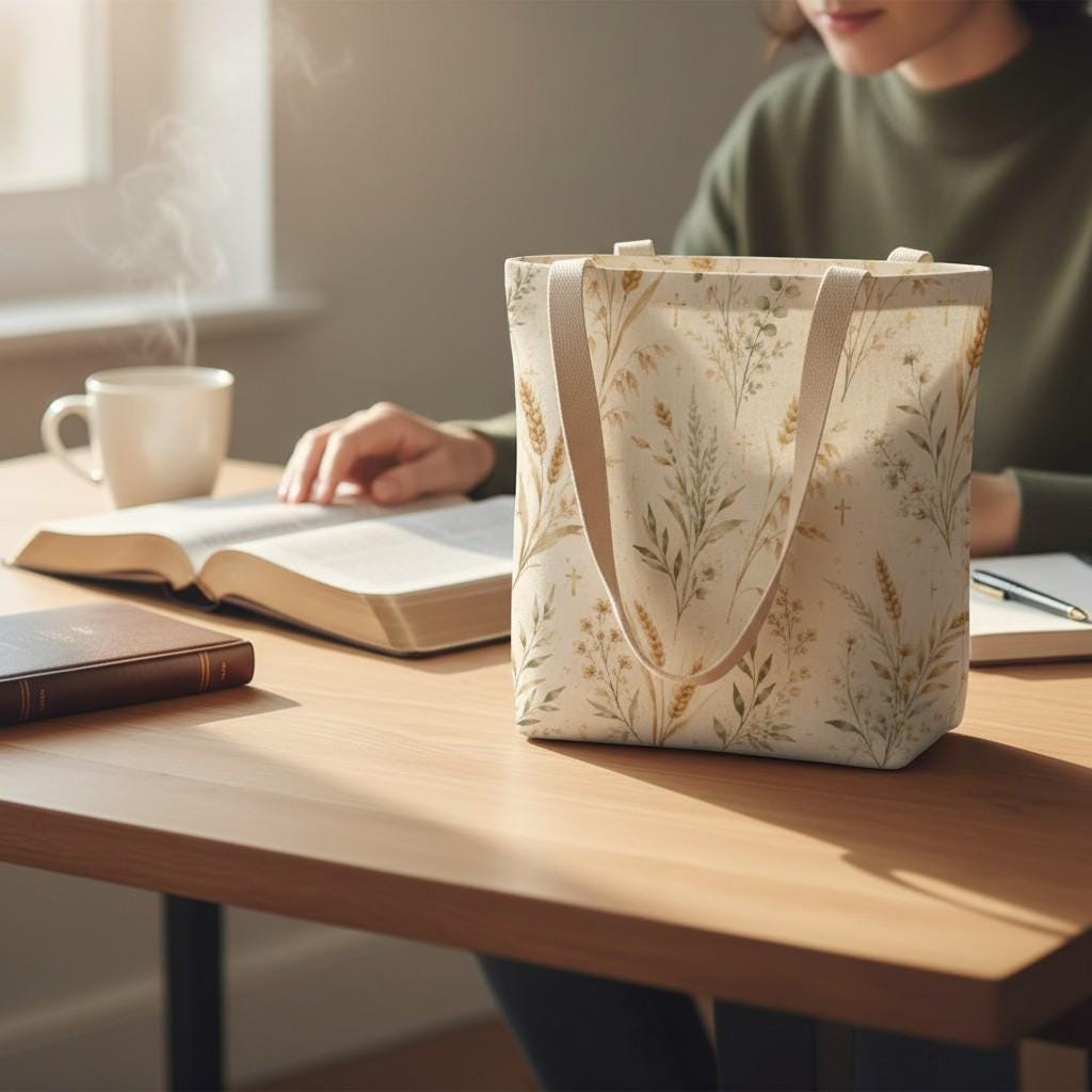 Reusable Shopping Bag Canvas Tote Design Botanical Wheat Print Nature Inspired Accessory Cottagecore Fashion Bag Everyday Carry Tote Church Service Carrier Market Shopping Essential Wildflower Pattern Details Farmhouse Style Bag Women