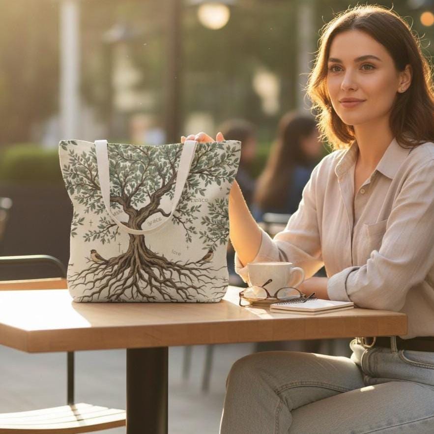 Canvas Tote Bag Tree Of Life Design Printed Both Sides Durable Reusable Shopping Bag Comfortable Shoulder Straps Spacious Interior Storage Perfect Church Bag Bible Study Carry All Daily Errands Market Shopping Spiritual Growth Symbol Rooted