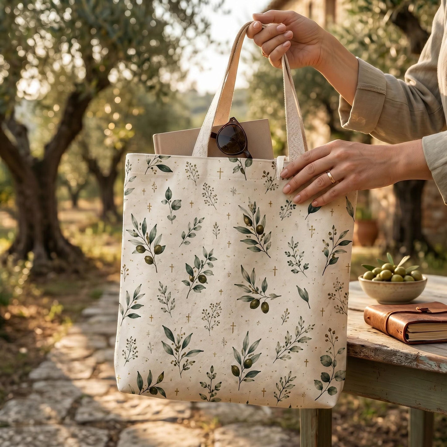 Christian Canvas Tote Bag Olive Branch Botanical Design Gold Cross Symbols Natural Beige Background Church Service Bag Bible Study Carryall Faith Gift Women Reusable Shopping Bag Reinforced Handles Spacious Interior Daily Inspiration