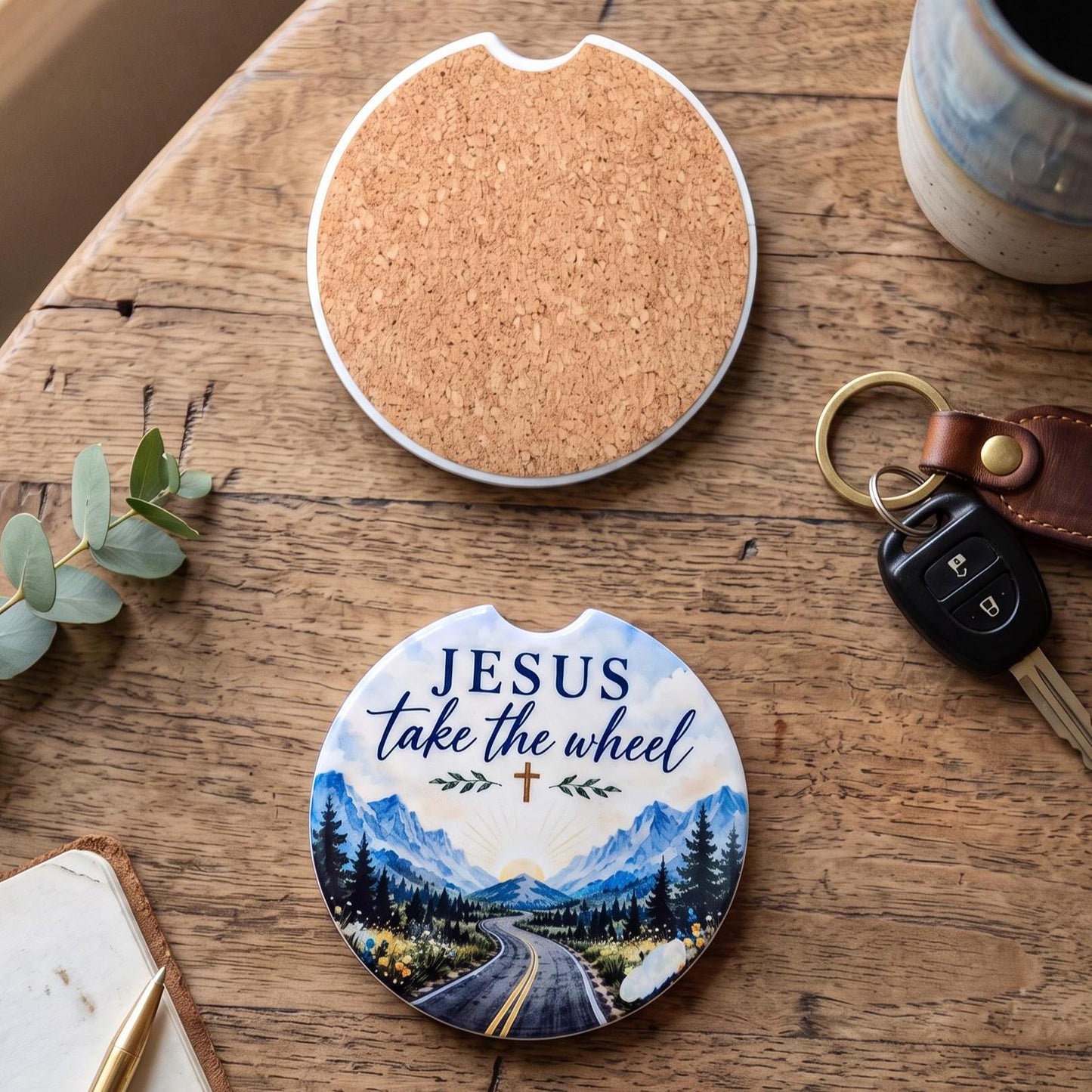 Christian Car Coaster – Set of 2 with Watercolor Faith Designs - Heavenly Treasures