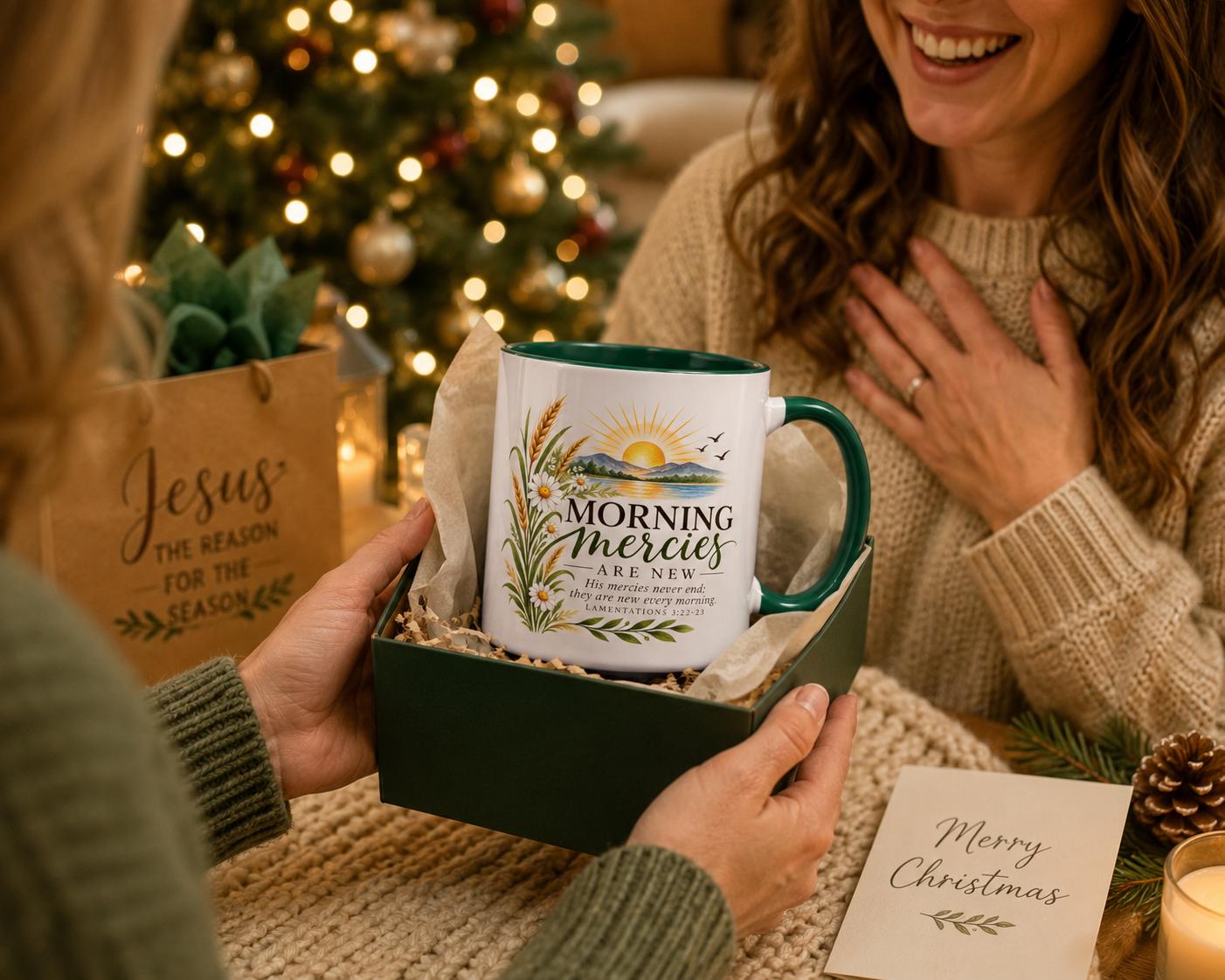 Inspirational Christian Drinkware Scripture Verse Coffee Mug Ceramic Design Daily Devotional Cup Two Sided Lamentations Text Morning Prayer Companion Sunrise Artwork Landscape Imagery Wheat Daisy Details Microwave Dishwasher Safe Daily Use