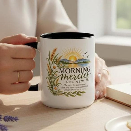 Christian Coffee Mug Scripture Verse Design Daily Encouragement Gift For Women Inspirational Morning Cup Ceramic Drinkware Two Sided Design Lamentations Scripture Text Sunrise Landscape Artwork Wheat Daisy Greenery Details Microwave