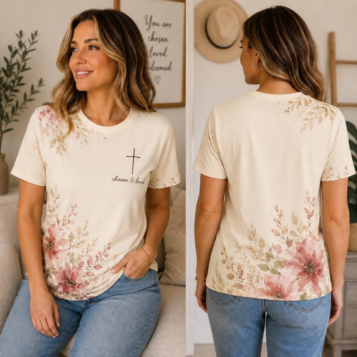 Watercolor Floral Christian Tee Women Cross Tshirt Faith Inspired Apparel Chosen Loved Scripture Shirt Botanical Floral Design Devotional Top Casual Spiritual Wear Worship Service Outfit Bible Study Tshirt Church Clothing Women