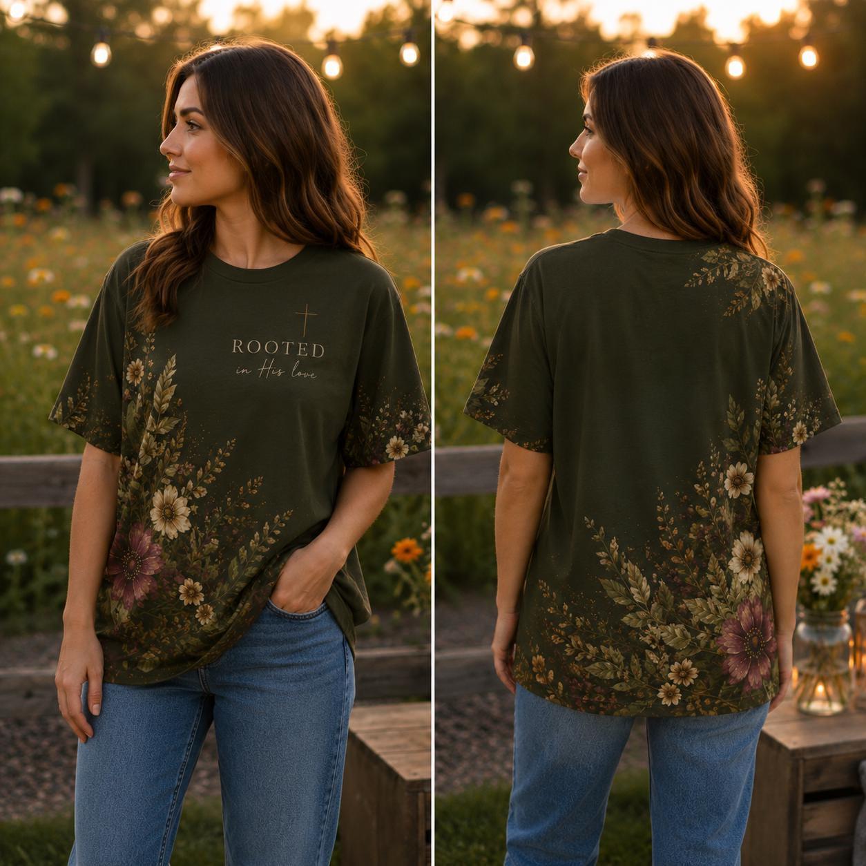 Faith Graphic Tee Women Inspirational Christian Shirt Botanical Nature Design Gift For Christian Women Rooted In Love Message Vintage Cross Artwork Religious Apparel Casual Church Wear Bible Study Outfit Jesus Follower Clothing Meaningful