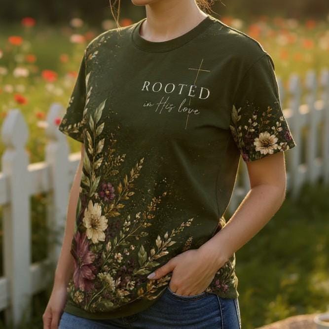 Inspirational Clothing Christian Women Jesus Follower Shirt Faith Graphic Tee Botanical Floral Pattern Rooted In Love Message Vintage Cross Design Church Wear Casual Worship Outfit Bible Study Apparel Meaningful Religious Gift Nature