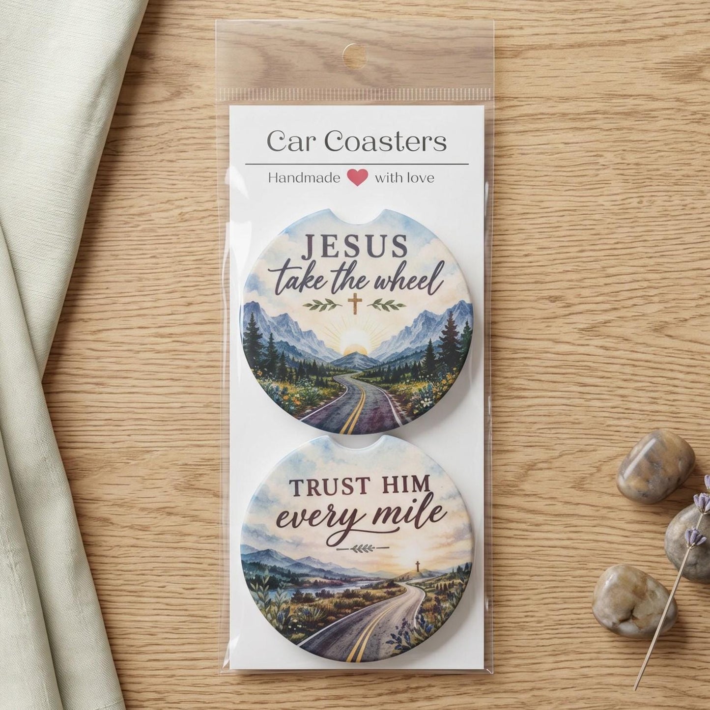 Christian Car Coaster Set Ceramic Cup Holder Accessory Faith Based Vehicle Gift Watercolor Design Inspirational Message Jesus Theme Absorbent Cork Backing Standard Fit Religious Driving Gift Daily Commute Inspiration Road Trip Faith
