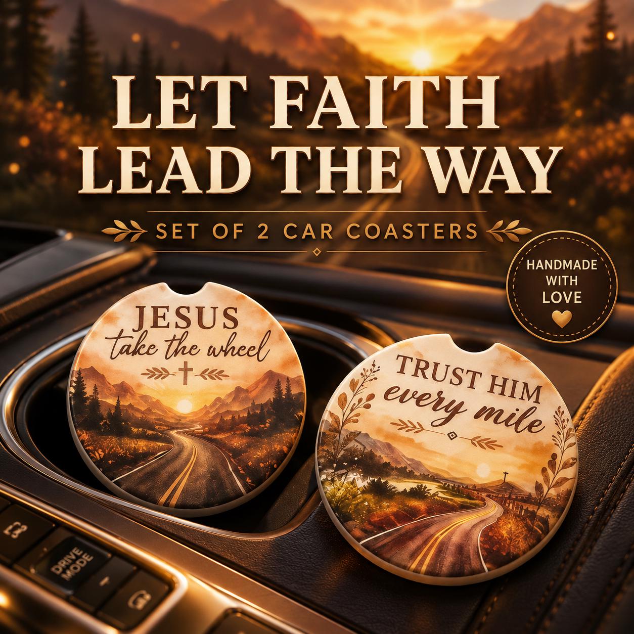 Handmade Christian Coaster Set Ceramic Cup Holder Faith Gift Spiritual Keepsake Auto Accessory Watercolor Design Religious Present Women Church Friend Daily Driving Companion Cork Backed Absorbent Protection Inspirational Journey Reminder