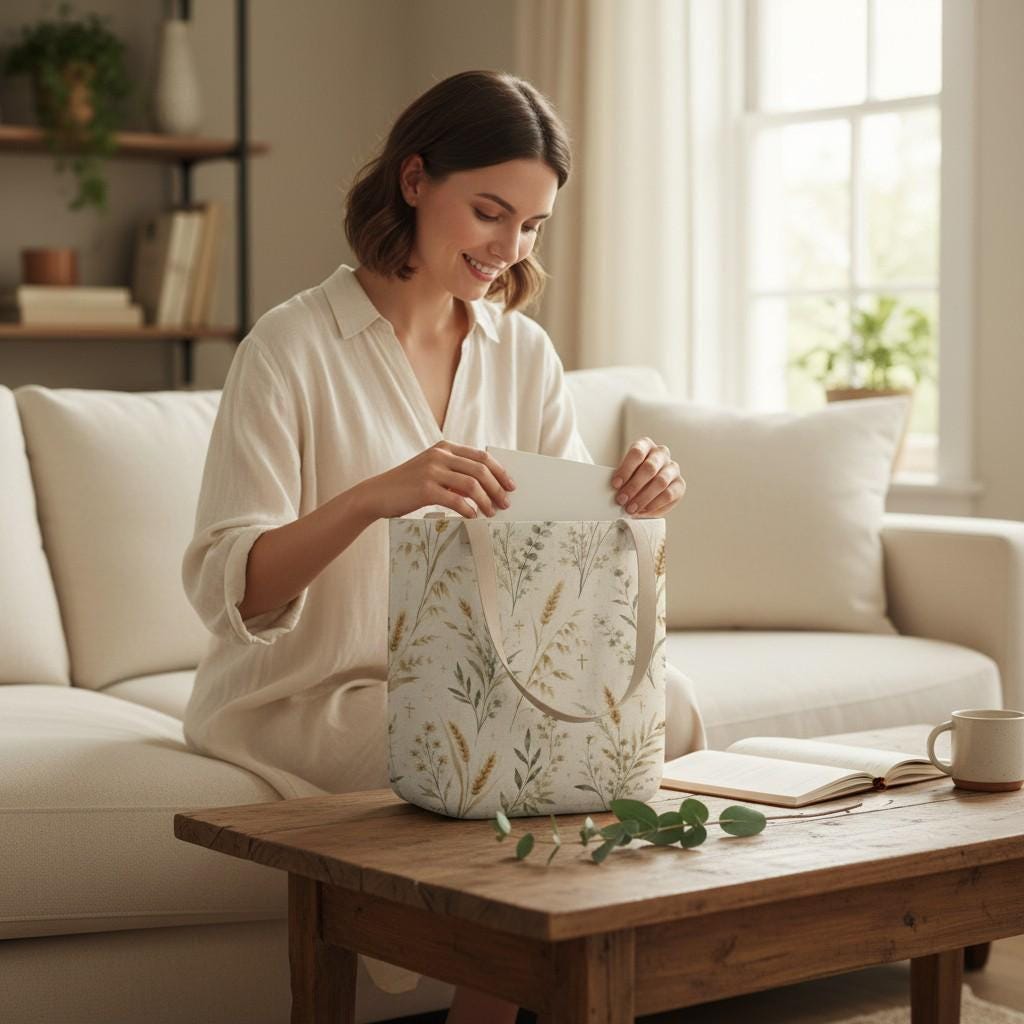 Botanical Print Canvas Tote Wheat Harvest Design Pattern Nature Inspired Women Bag Cottagecore Fashion Accessory Farmhouse Style Tote Everyday Shopping Carrier Church Service Bag Reusable Market Tote Wildflower Design Details Rustic Canvas