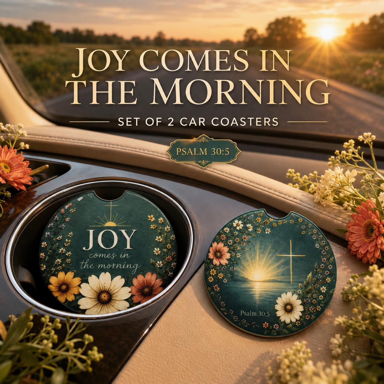 Christian Car Coaster Set Psalm 305 Joy Comes Morning Faith Gift For Women Inspirational Bible Verse Accessories Ceramic Cup Holder Protection Cork Backing Floral Cross Design Vehicle Gift Mother Day Birthday Present Church Friend
