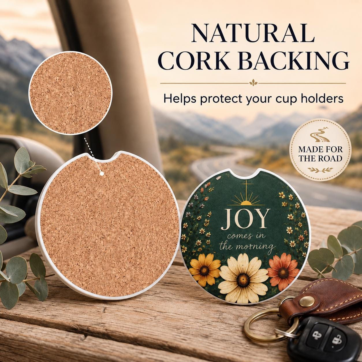 Faith Based Car Accessories Christian Coaster Set Psalm 305 Joy Comes Morning Inspirational Cup Holder Protection Ceramic Cork Backing Design Floral Cross Pattern Religious Vehicle Gift Bible Verse Encouragement Daily Commute Accessories