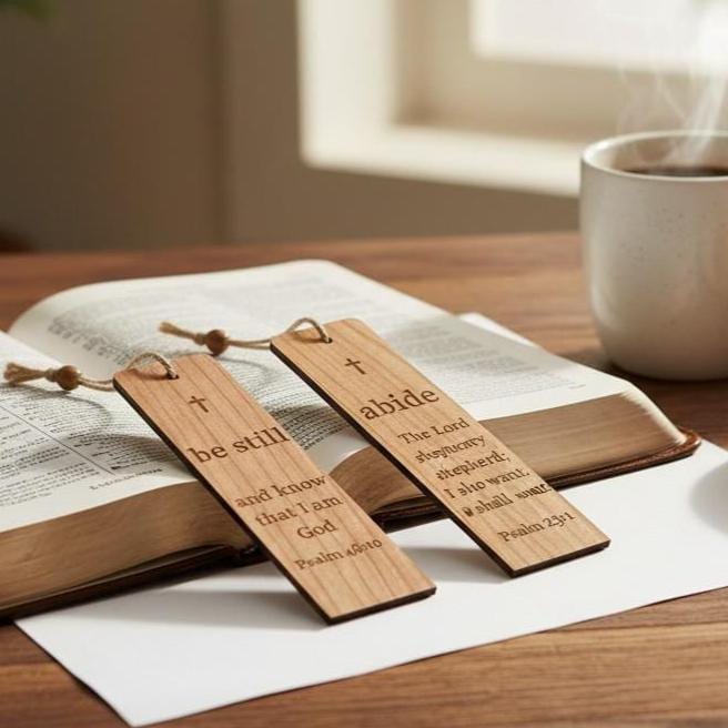 Wooden Bible Bookmark Engraved Scripture Design Cherry Maple Wood Choice Handcrafted Christian Reading Gift Olive Wood Bead Detail Laser Engraved Faith Prayer Words Perfect Church Gift Daily Devotional Reading Bible Study Group Present