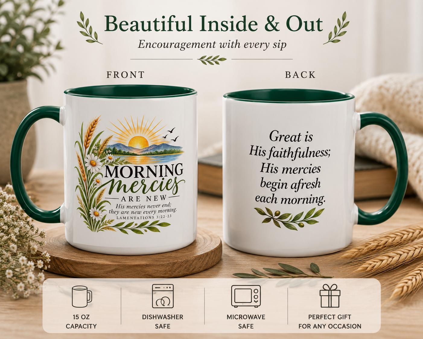 Devotional Coffee Mug Christian Gift Collection Scripture Verse Ceramic Cup Daily Prayer Time Companion Inspirational Morning Drinkware Two Sided Design Lamentations Text Sunrise Artwork Peaceful Landscape Imagery Microwave Safe Dishwasher
