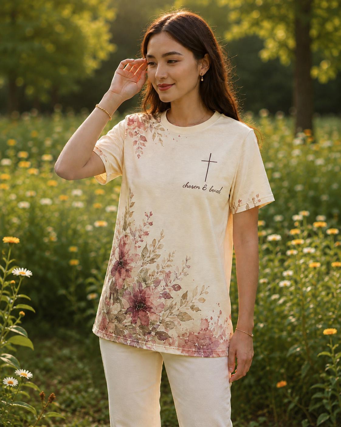 Cross Tshirt Women Christian Faith Shirt Watercolor Floral Design Botanical Cross Tee Chosen Loved Scripture Message Inspirational Faith Apparel Devotional Top Women Casual Worship Outfit Bible Study Shirt Church Clothing Feminine Christian