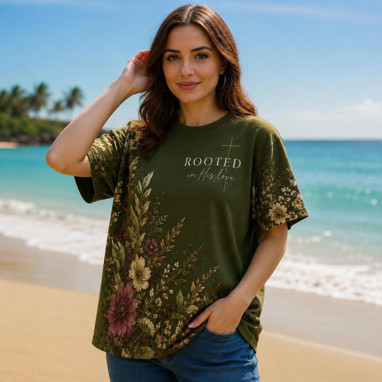 Christian T Shirt Women Faith Graphic Tee Botanical Floral Design Rooted In Love Message Vintage Cross Motif Olive Green Church Outfit Casual Worship Wear Bible Study Group Shirt Inspirational Clothing For Christian Women Jesus Follower