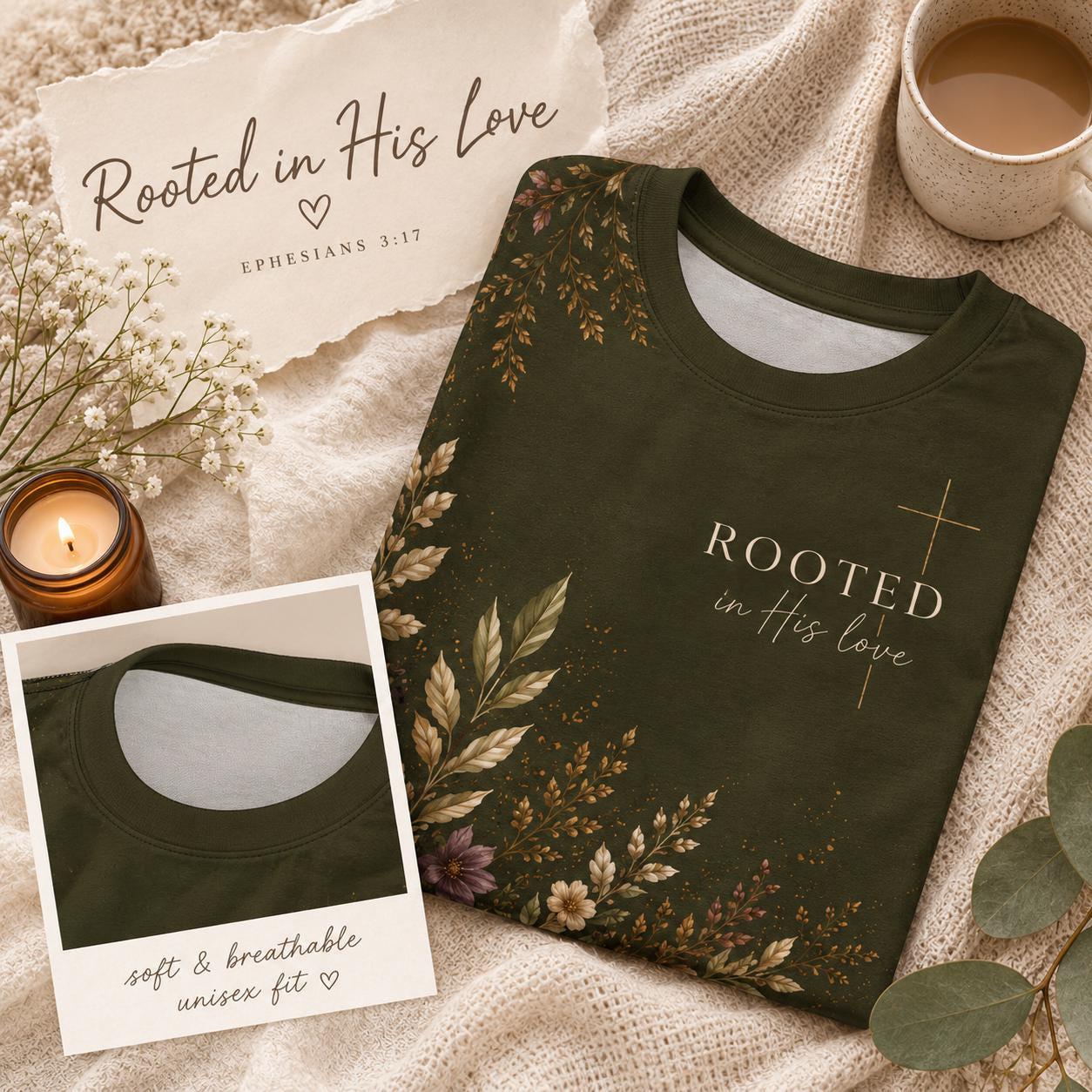 Christian Women Fashion Faith Graphic Shirt Botanical Nature Theme Worship Service Outfit Rooted In Love Tee Vintage Floral Cross Design Inspirational Religious Apparel Casual Church Wear Bible Study Group Clothing Jesus Follower Gift