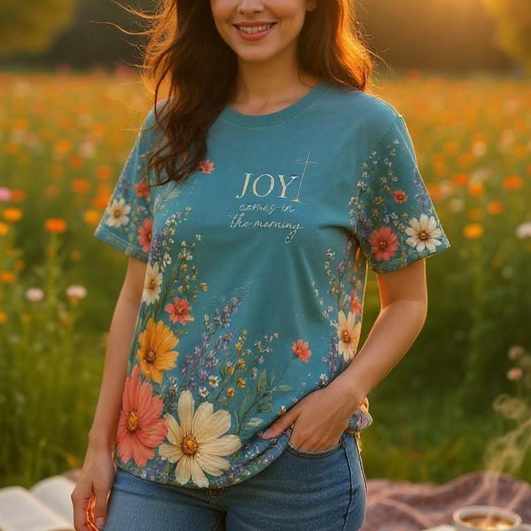 Christian Shirt Women Faith Based Clothing Psalm Scripture Tee Inspirational Message Joy Comes In The Morning Floral Design Wildflower Pattern Teal Background Worship Casual Wear Church Service Outfit Bible Study Group Attire Spiritual