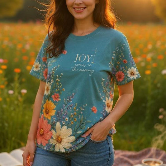 Christian Shirt Women Faith Based Clothing Psalm Scripture Tee Inspirational Message Joy Comes In The Morning Floral Design Wildflower Pattern Teal Background Worship Casual Wear Church Service Outfit Bible Study Group Attire Spiritual
